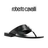 ROBERTO CAVALLI Logo-plaque Leather Flip-flops In Black 18780-A Roberto Cavalli