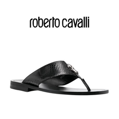 ROBERTO CAVALLI   Logo-plaque Leather Flip-flops In Black 18780-A
