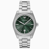Armani AR11621 men?s three-hand date watch with green sunray dial and silver stainless steel bracelet