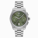 Armani AR11640 men?s chronograph watch with green sunray dial and silver stainless steel bracelet
