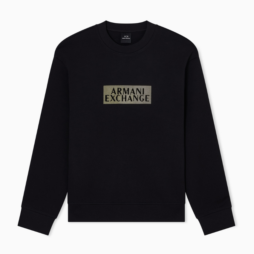 Armani Exchange men’s black diagonal gold crewneck cotton sweatshirt