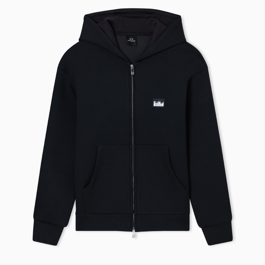 Armani Exchange men’s black zip-up hoodie in jersey fabric