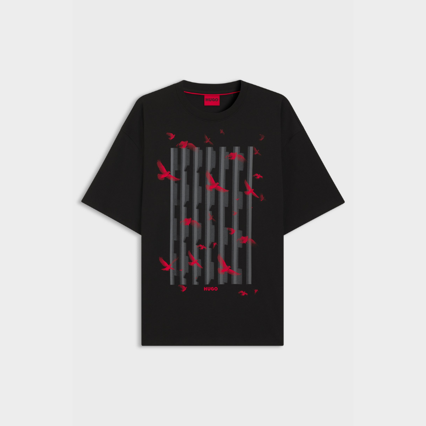 Cotton-jersey T-shirt featuring bird artwork graphic, short-sleeved casual top