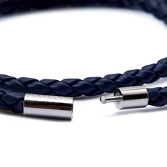 Double braided-leather cuff with metal logo closure