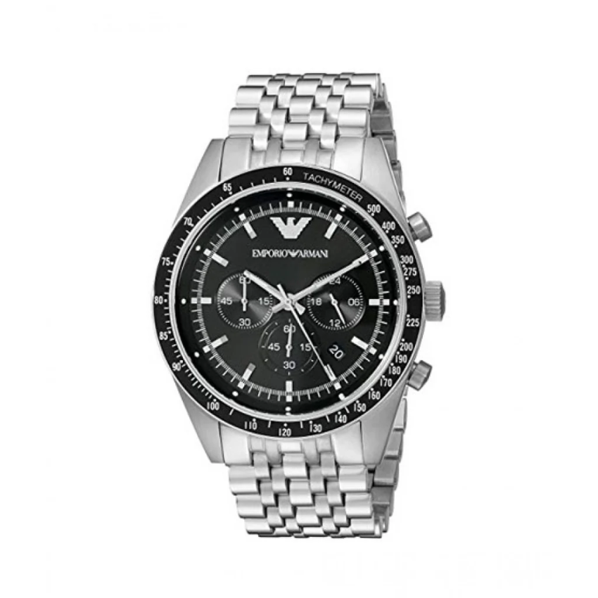 Emporio Armani Tazio men’s chronograph watch black dial silver steel strap