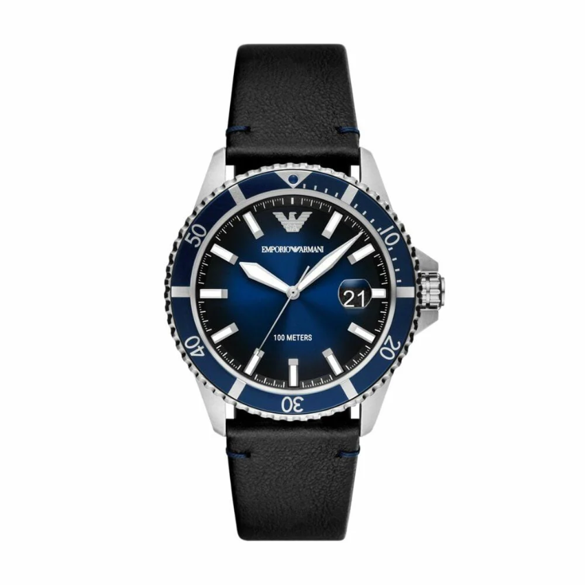 Emporio Armani men’s diver three-hand quartz watch with blue dial and blue leather strap