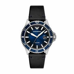 Emporio Armani men’s diver three-hand quartz watch with blue dial and blue leather strap