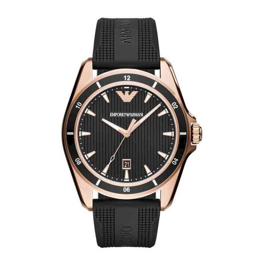 Emporio Armani men’s sport quartz watch with black dial and black rubber strap