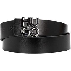 HU-GO_Sta leather belt in size 36 with polished metal buckle and embossed Hugo logo