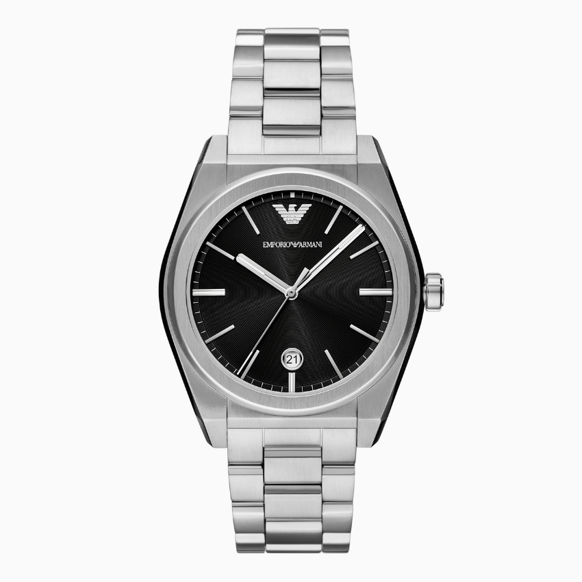 Men’s three-hand date stainless steel watch with metal bracelet