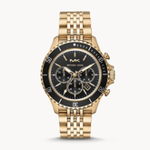 Michael Kors Bayville MK8726 men?s chronograph watch with black sunray dial, gold-tone stick indexes, and gold stainless steel bracelet