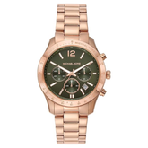 Michael Kors Berkley MK7412 women?s chronograph watch with green sunray dial and rose gold stainless steel bracelet