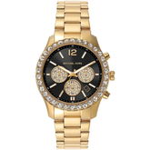 Michael Kors Berkley MK7414 women?s chronograph watch with black dial and gold steel strap