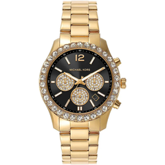 Michael Kors Berkley MK7414 women?s chronograph watch with black dial and gold steel strap