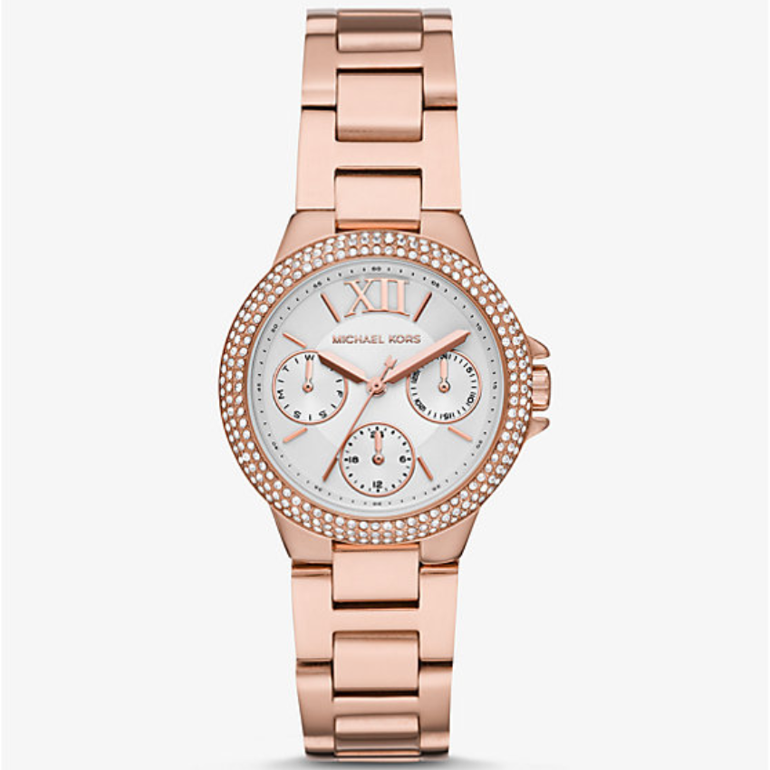 Michael Kors Camille MK6845 women?s multifunction watch with white dial and rose gold steel strap