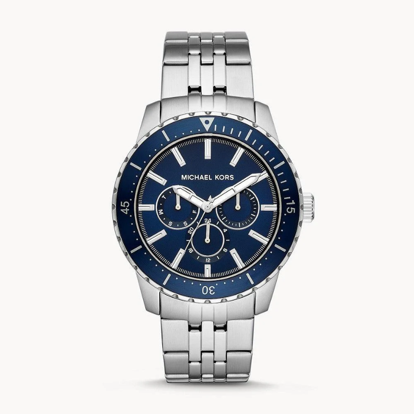 Michael Kors Cunningham MK7153 men?s multifunction watch with blue dial and silver stainless steel strap