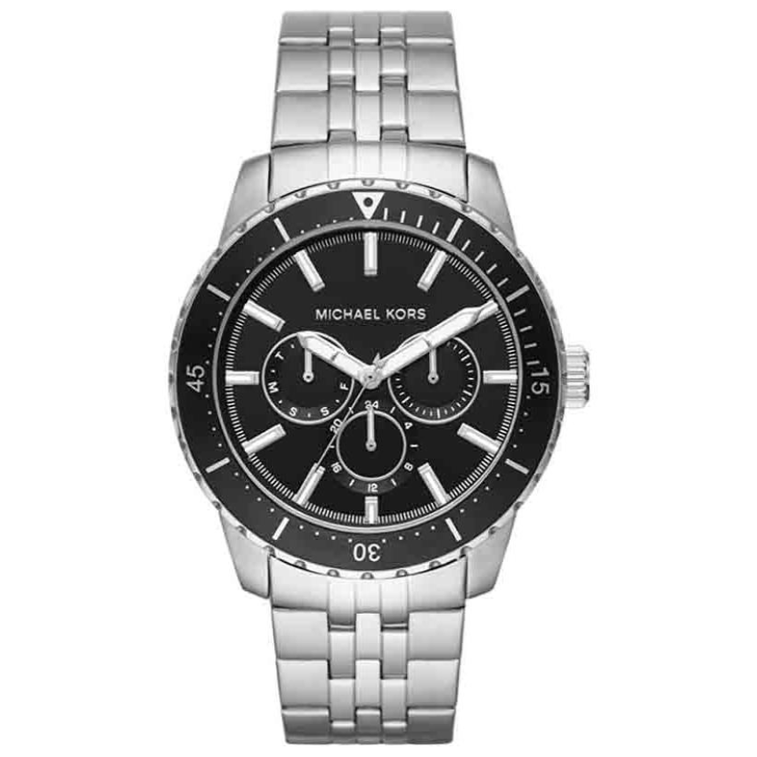 Michael Kors Cunningham MK7156 men?s multifunction watch with black dial and silver stainless steel strap