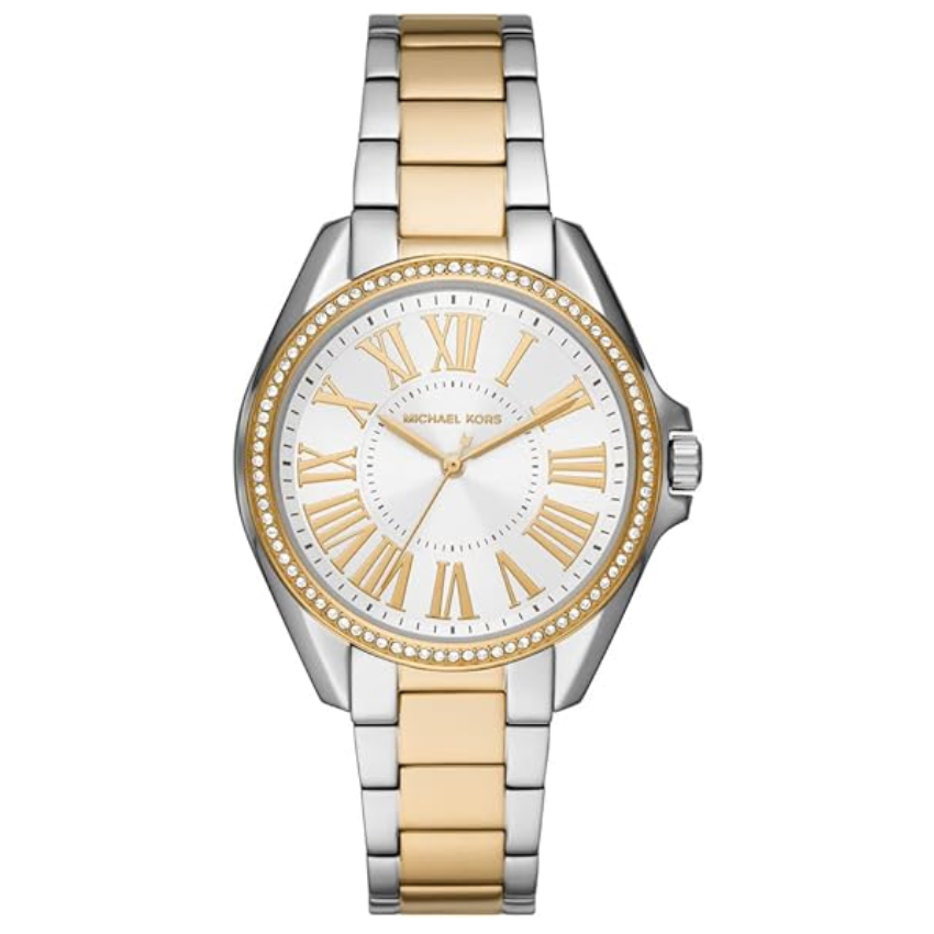 Michael Kors Kacie MK6931 women?s three-hand watch with white sunray dial, gold-tone indexes, and two-tone stainless steel bracelet