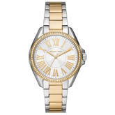 Michael Kors Kacie MK6931 women?s three-hand watch with white sunray dial, gold-tone indexes, and two-tone stainless steel bracelet