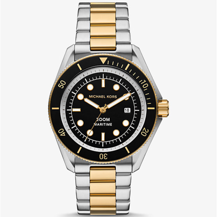 Michael Kors Maritime MK9180 men?s oversized three-hand watch with black dial, two-tone stainless steel, and Super Lume technology