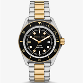 Michael Kors Maritime MK9180 men?s oversized three-hand watch with black dial, two-tone stainless steel, and Super Lume technology