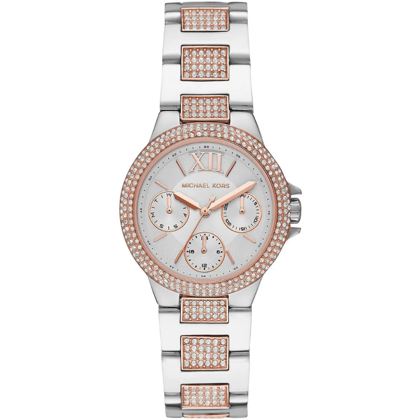 Michael Kors Mini Camille Pavé MK6846 women?s multifunction watch white dial two-tone steel strap