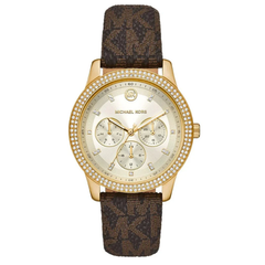 Michael Kors Tibby MK6966 women?s multifunction watch with gold dial and brown leather strap