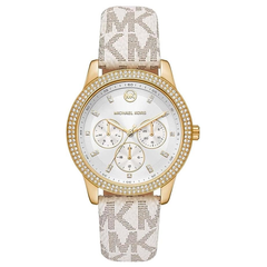 Michael Kors Tibby MK6967 women?s multifunction watch with silver dial and white PVC strap