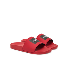 Red Hugo slides with bold logo strap and molded footbed