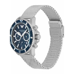 Emporio Armani Men’s Diver Quartz Watch – Blue Dial & Silver Stainless Steel Mesh