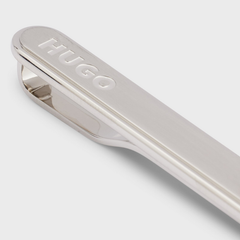 HUGO Oval-Shaped Silver Tie Clip with Engraved Logo