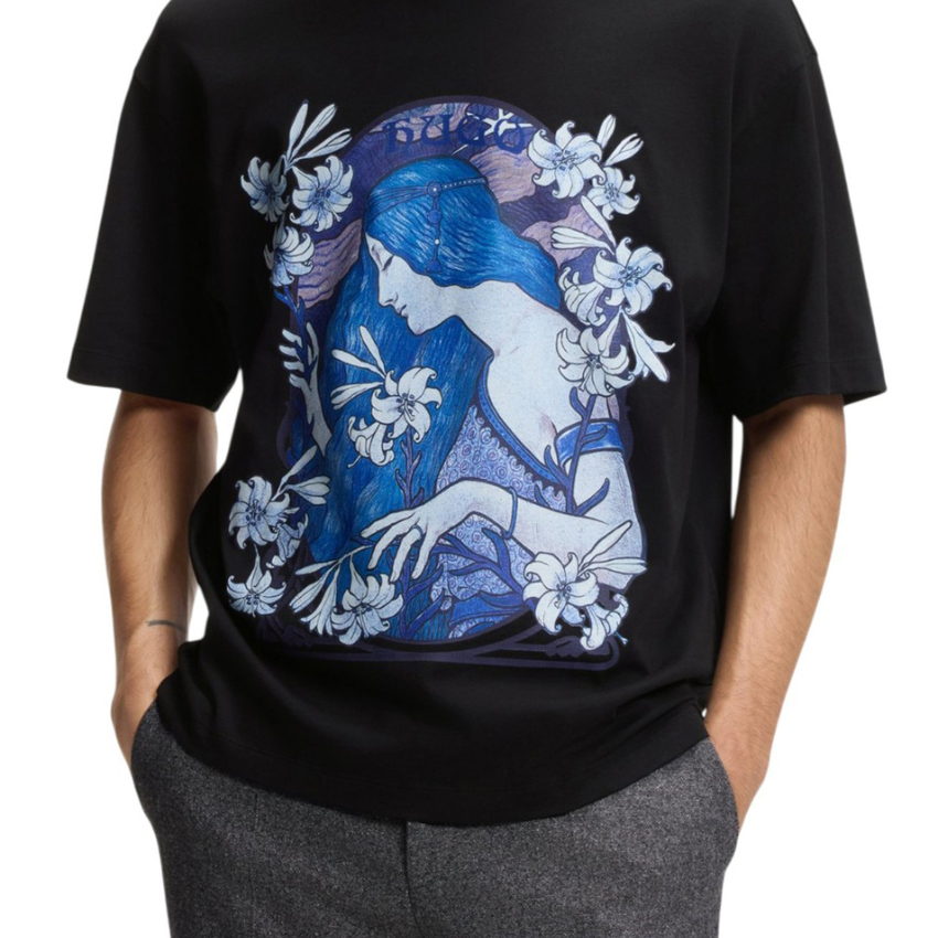 HUGO Difluro Printed Cotton T-Shirt | Black Hugo Boss