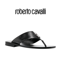 ROBERTO CAVALLI   Logo-plaque Leather Flip-flops In Black