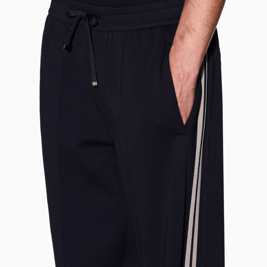 Armani Exchange men’s deep navy jersey trousers with contrasting side stripes