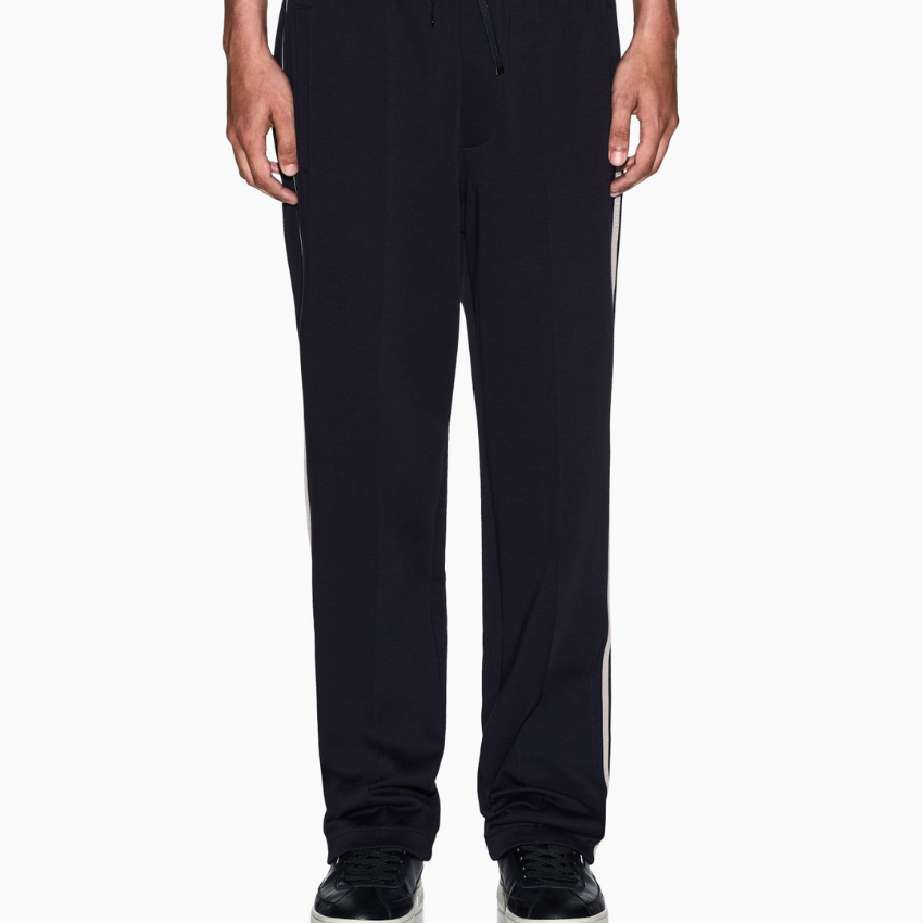Armani Exchange men’s deep navy jersey trousers with contrasting side stripes