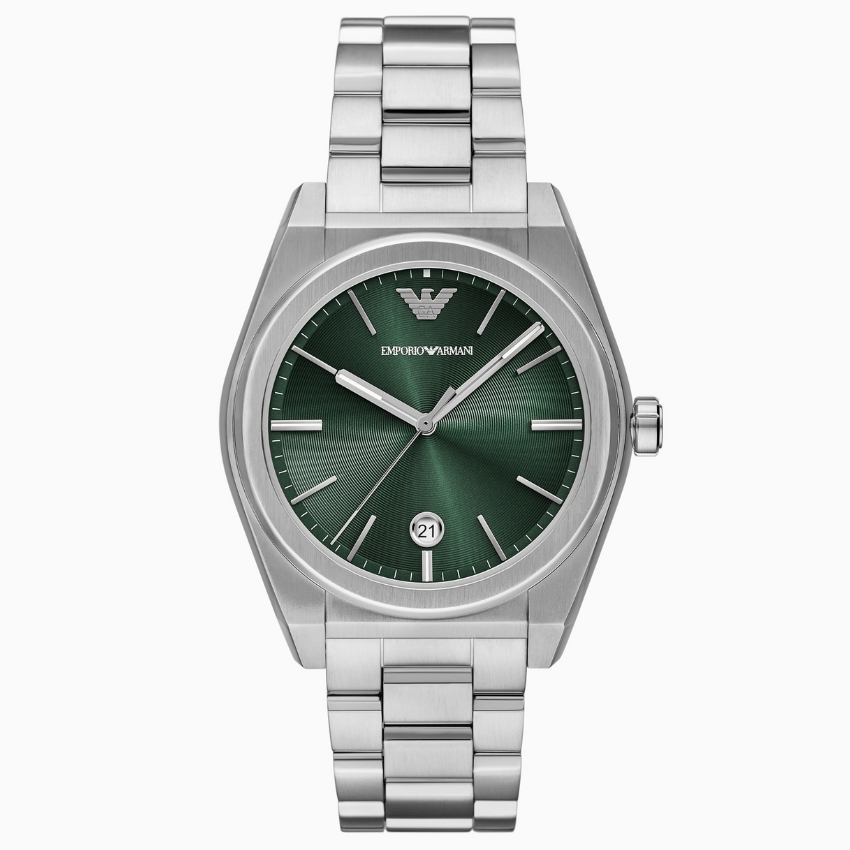 Armani AR11621 men?s three-hand date watch with green sunray dial and silver stainless steel bracelet
