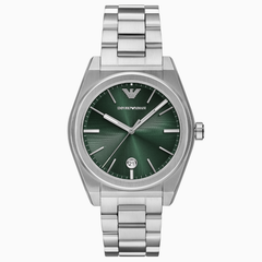 Armani AR11621 men?s three-hand date watch with green sunray dial and silver stainless steel bracelet