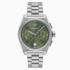 Armani AR11640 men?s chronograph watch with green sunray dial and silver stainless steel bracelet