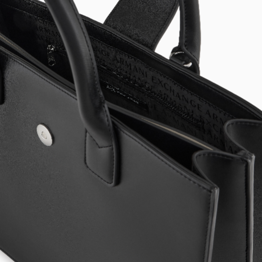 Armani Exchange ASV Trapeze Handbag in black, structured designer trapeze purse for women