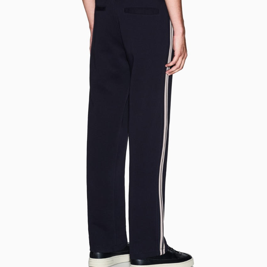Armani Exchange men’s deep navy jersey trousers with contrasting side stripes