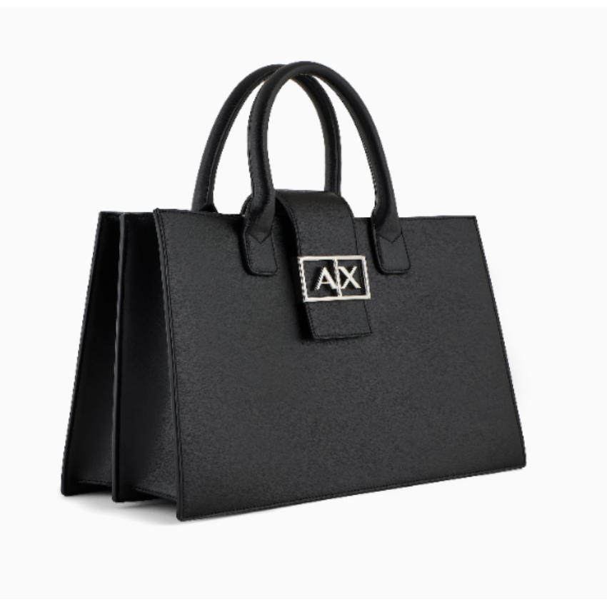 Armani Exchange ASV Trapeze Handbag in black, structured designer trapeze purse for women