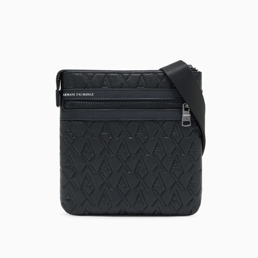 Armani Exchange flat shoulder bag with allover logo print, stylish designer accessory for women