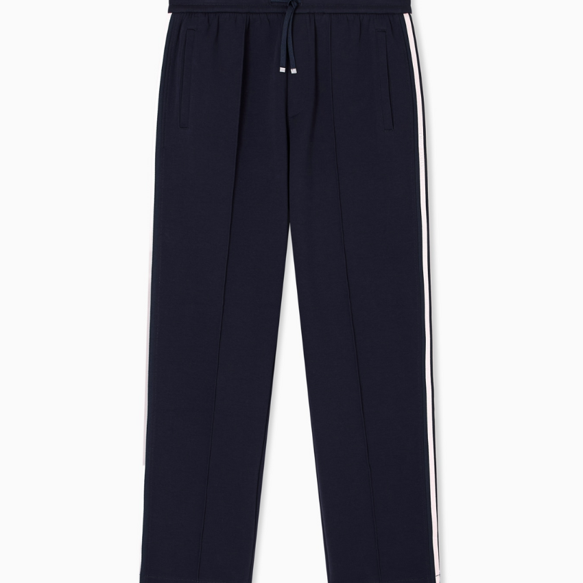 Armani Exchange men’s deep navy jersey trousers with contrasting side stripes