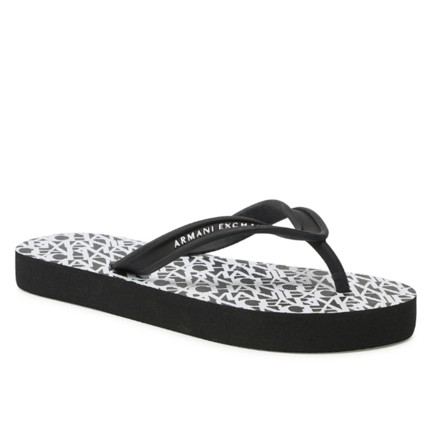Armani Exchange women's flip-flops in black and optic white with bold logo branding