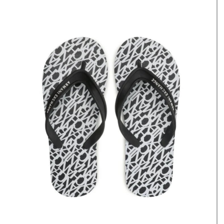 Armani Exchange women's flip-flops in black and optic white with bold logo branding