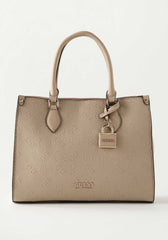 Guess Handbag Monogram Embossed Tote Bag with Double Handle and Button Closure