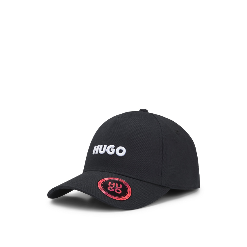 Black cotton twill cap with embroidered logo, adjustable Jude style