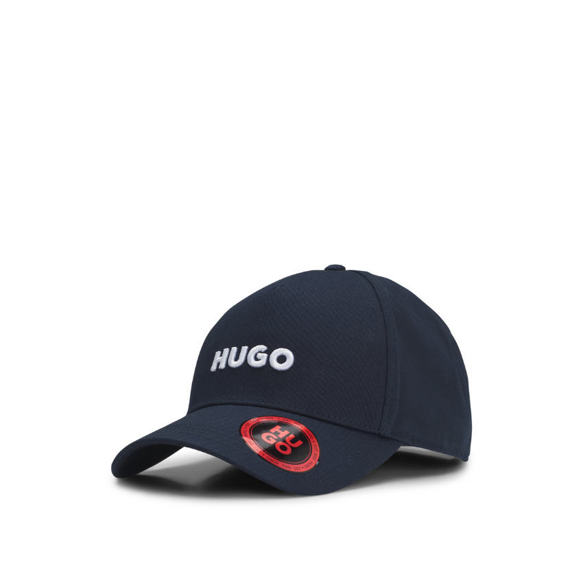 Dark blue cotton twill cap with embroidered logo, adjustable casual hat