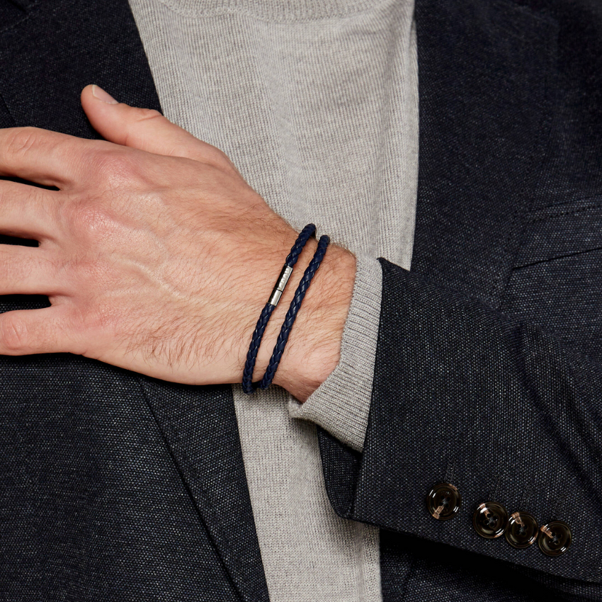 Double braided-leather cuff with metal logo closure