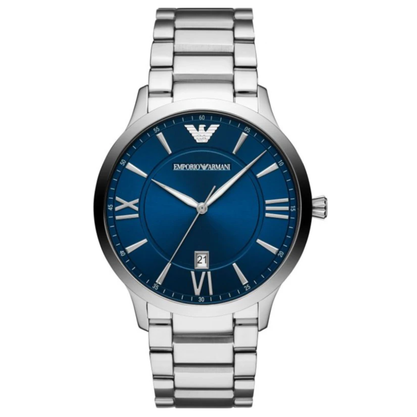 Emporio Armani Giovanni men’s quartz watch with blue dial and silver steel strap